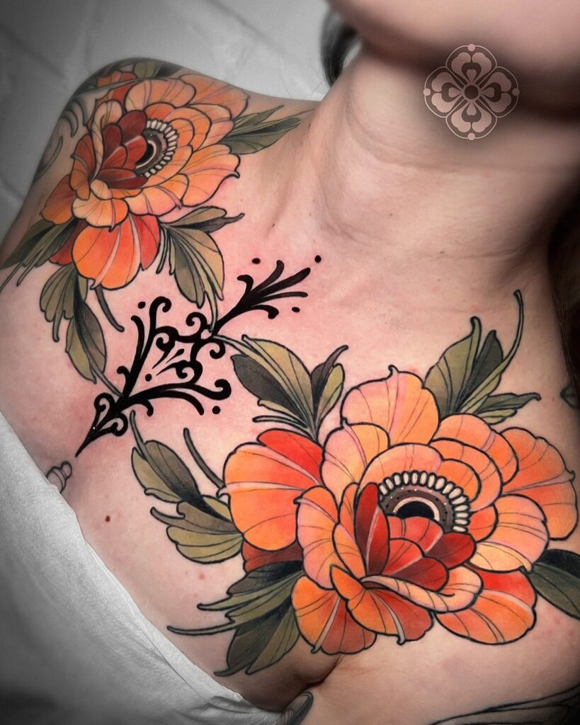 Peony Shoulder Flowers with Ornamental Blackwork peony flower tattoo ideas tattoo