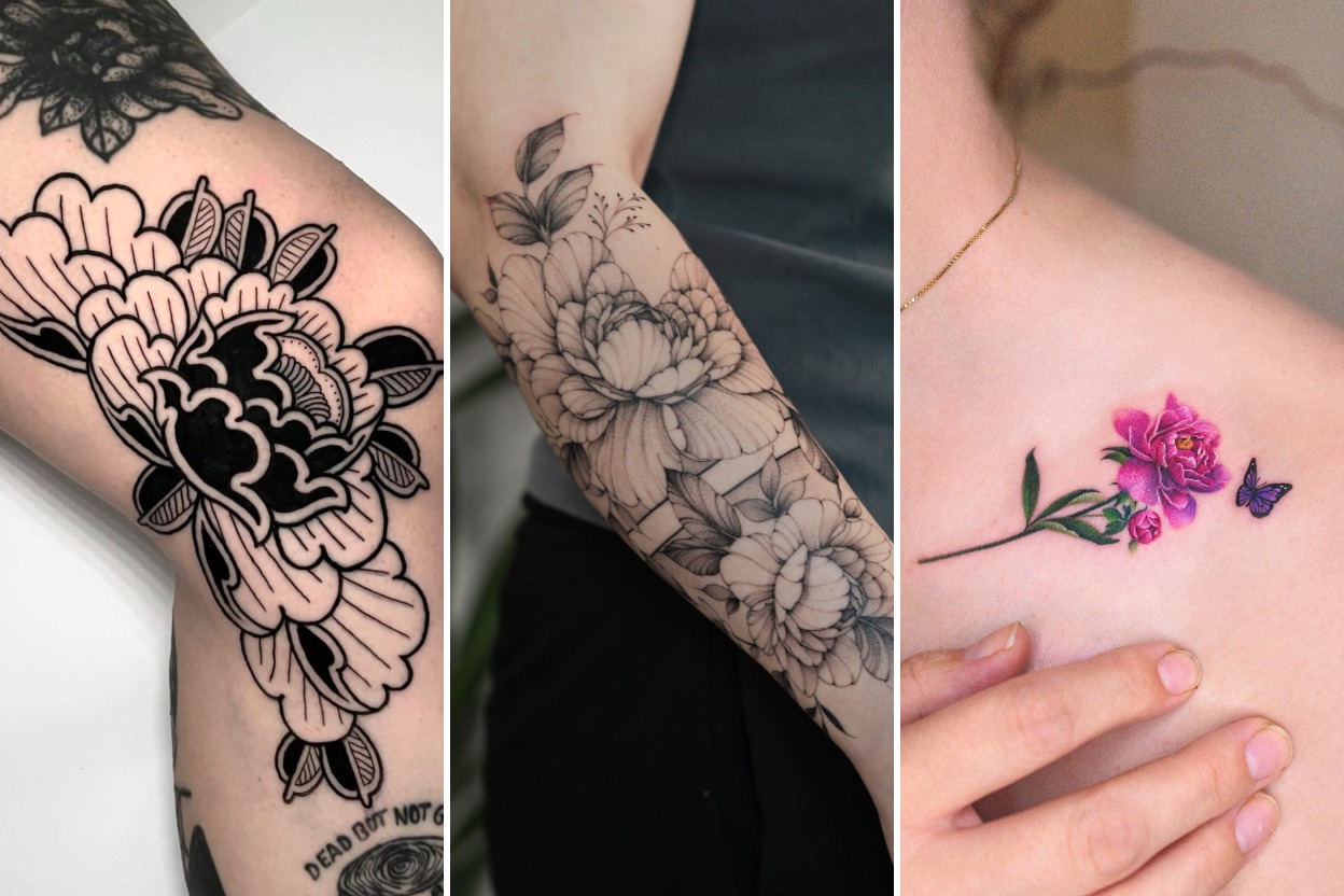 Aesthetic peony tattoos ideas and delicate ink ideas collage
