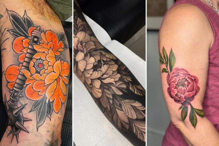 Aesthetic peony tattoos ideas and delicate ink ideas collage
