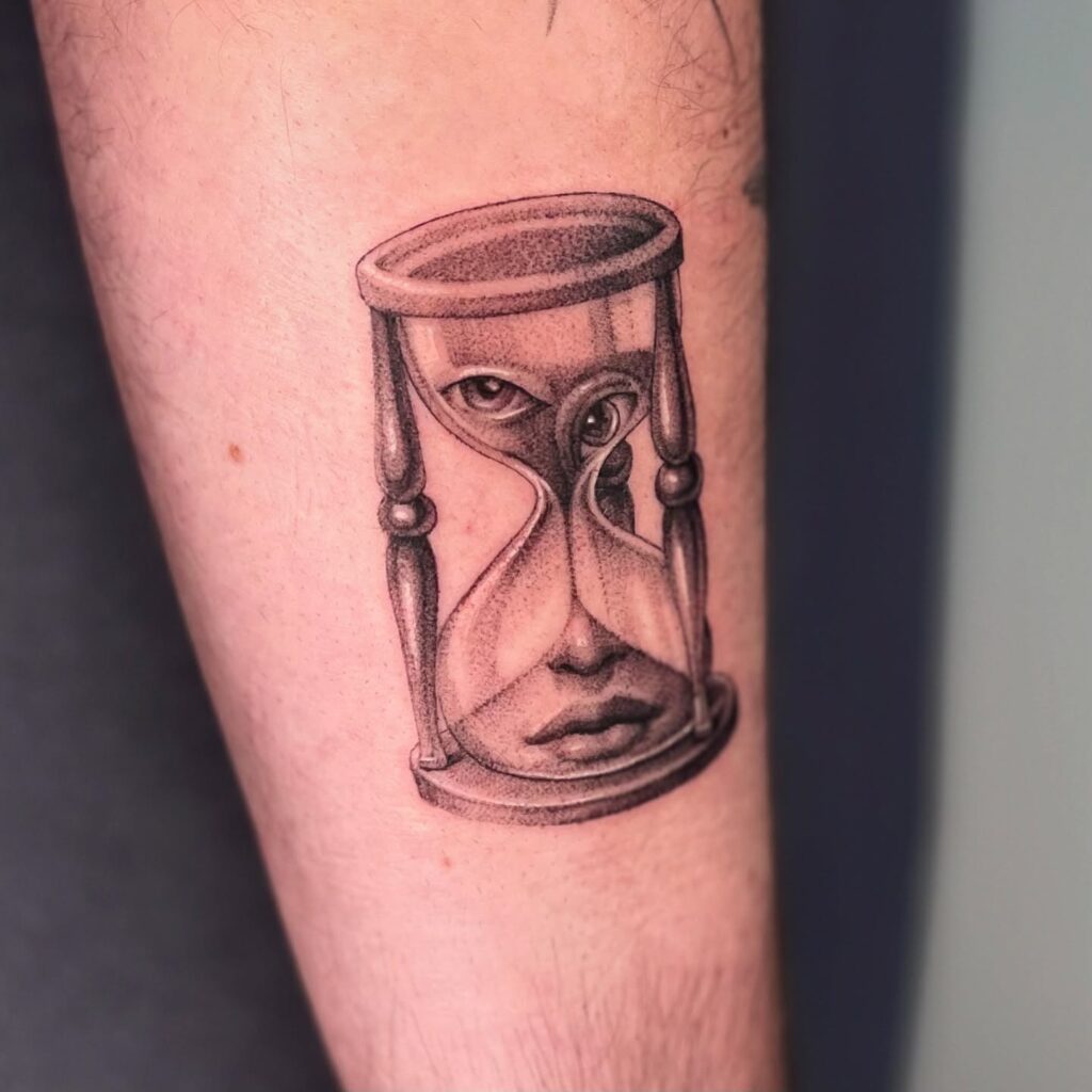 Piero Fornasetti-Inspired Hourglass Tattoo hourglass tattoo ideas tattoo