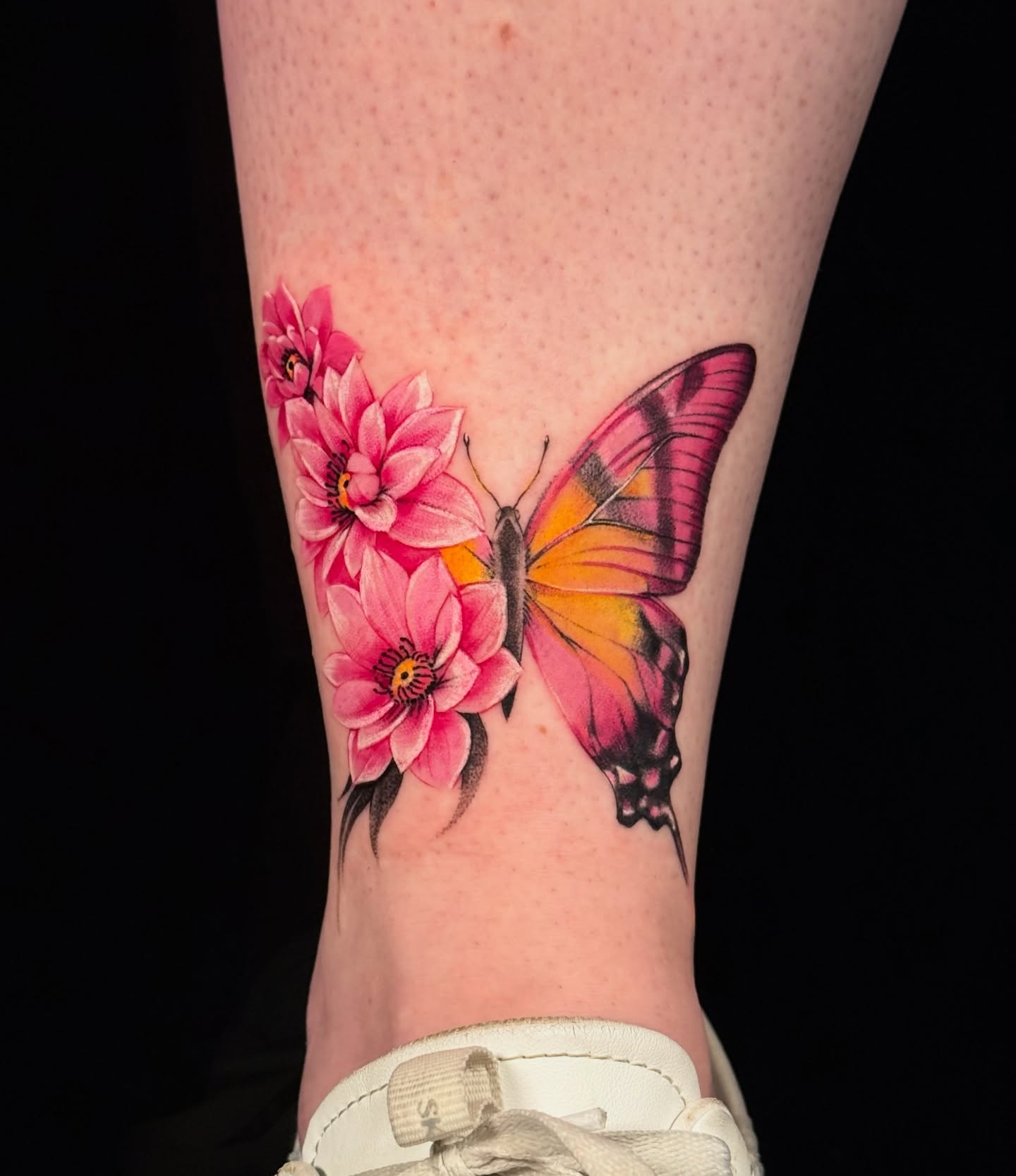 Purple Butterfly and Chrysanthemum Half Flower Tattoo half butterfly half flower tattoos tattoo