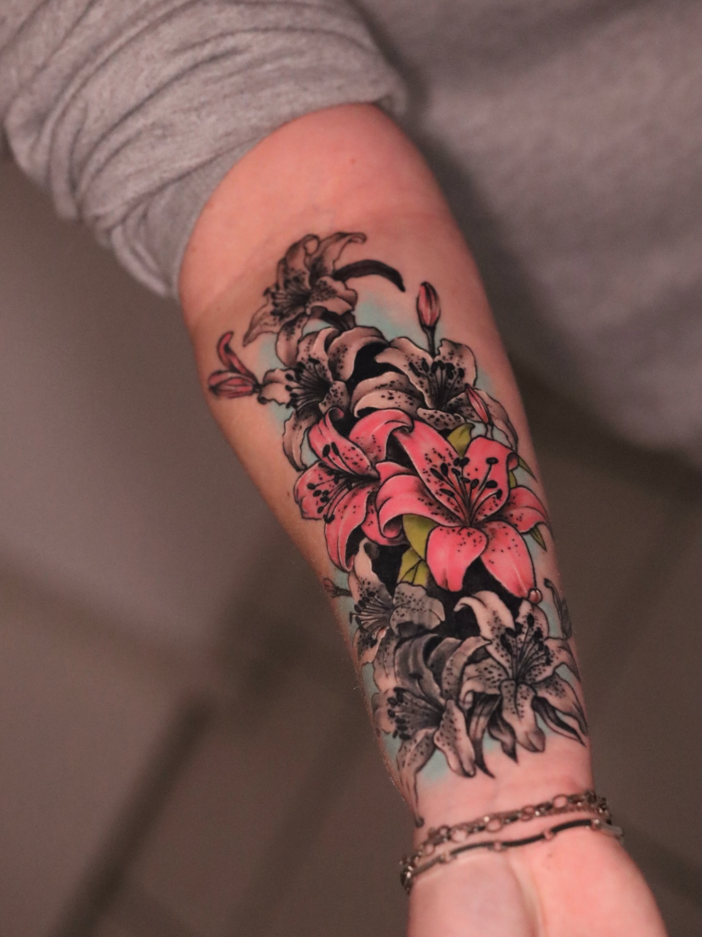Pink Lily Floral Sleeve Tattoo