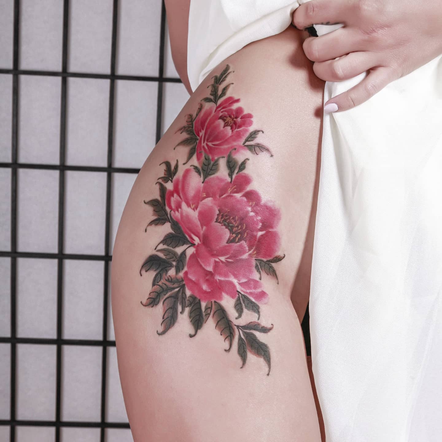 Pink Peony Thigh Tattoo peony tattoos ideas tattoo