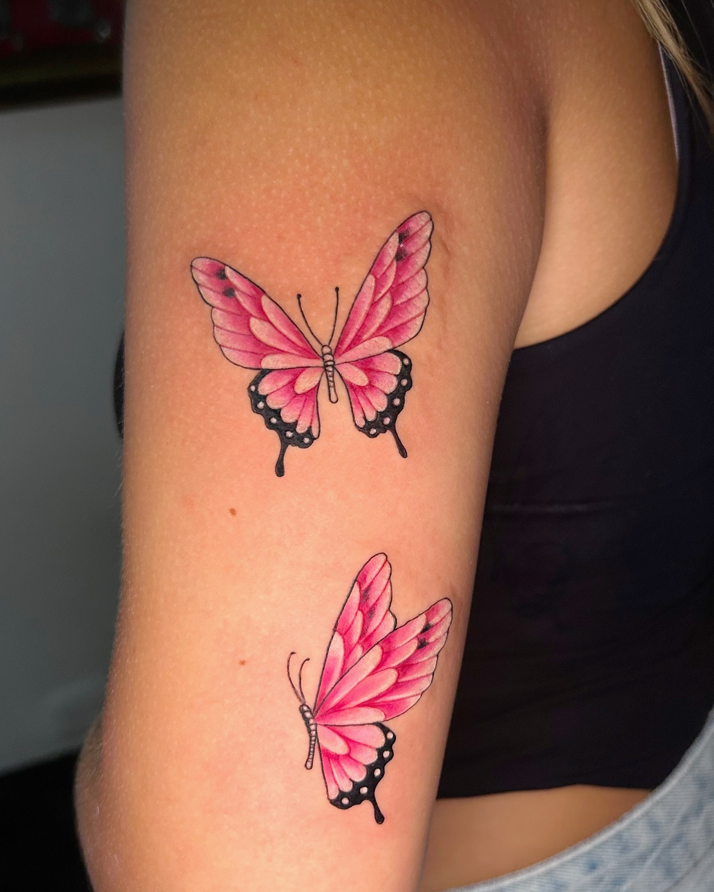 Pink Two Butterfly Upper Arm Tattoo butterfly tattoos designs tattoo
