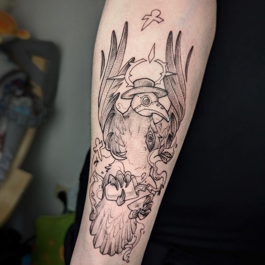 Ornamental Raven And Lily Tattoo