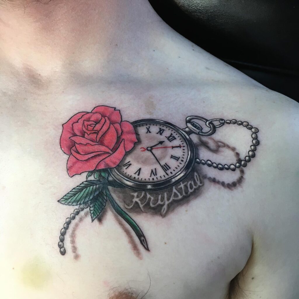 Pocket Watch and Roses Upper Arm Tattoo pocket watch tattoos tattoo