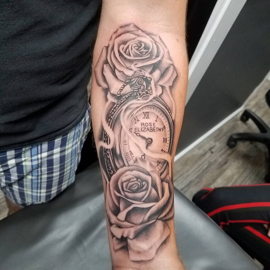 Pocket Watch, Dove, and Rose Shoulder Tattoo pocket watch tattoos tattoo