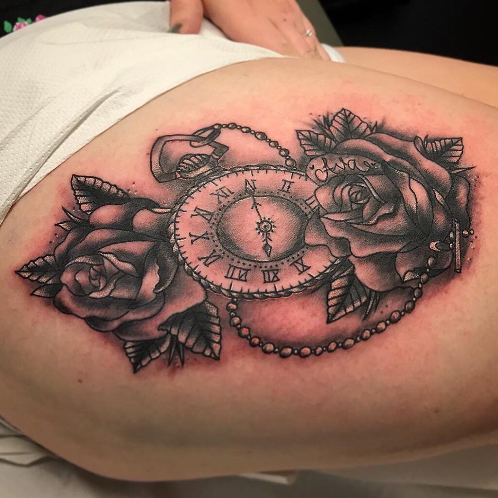Traditional Pocket Watch Tattoo with Uplifting Quote pocket watch tattoos tattoo