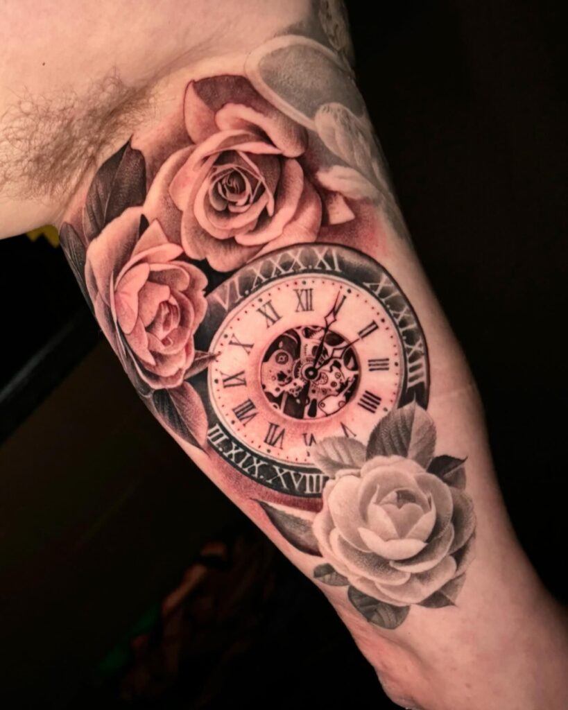Pocket Watch and Red Rose Tribute Tattoo pocket watch tattoos tattoo