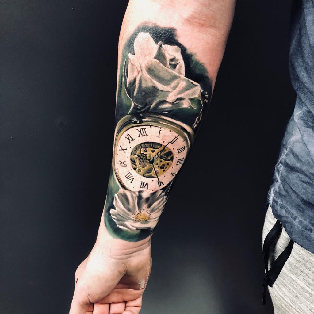 Owl and Pocket Watch Tattoo with “Time is Money” Quote pocket watch tattoos tattoo
