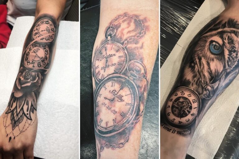 Aesthetic pocket watch tattoos and delicate ink ideas collage