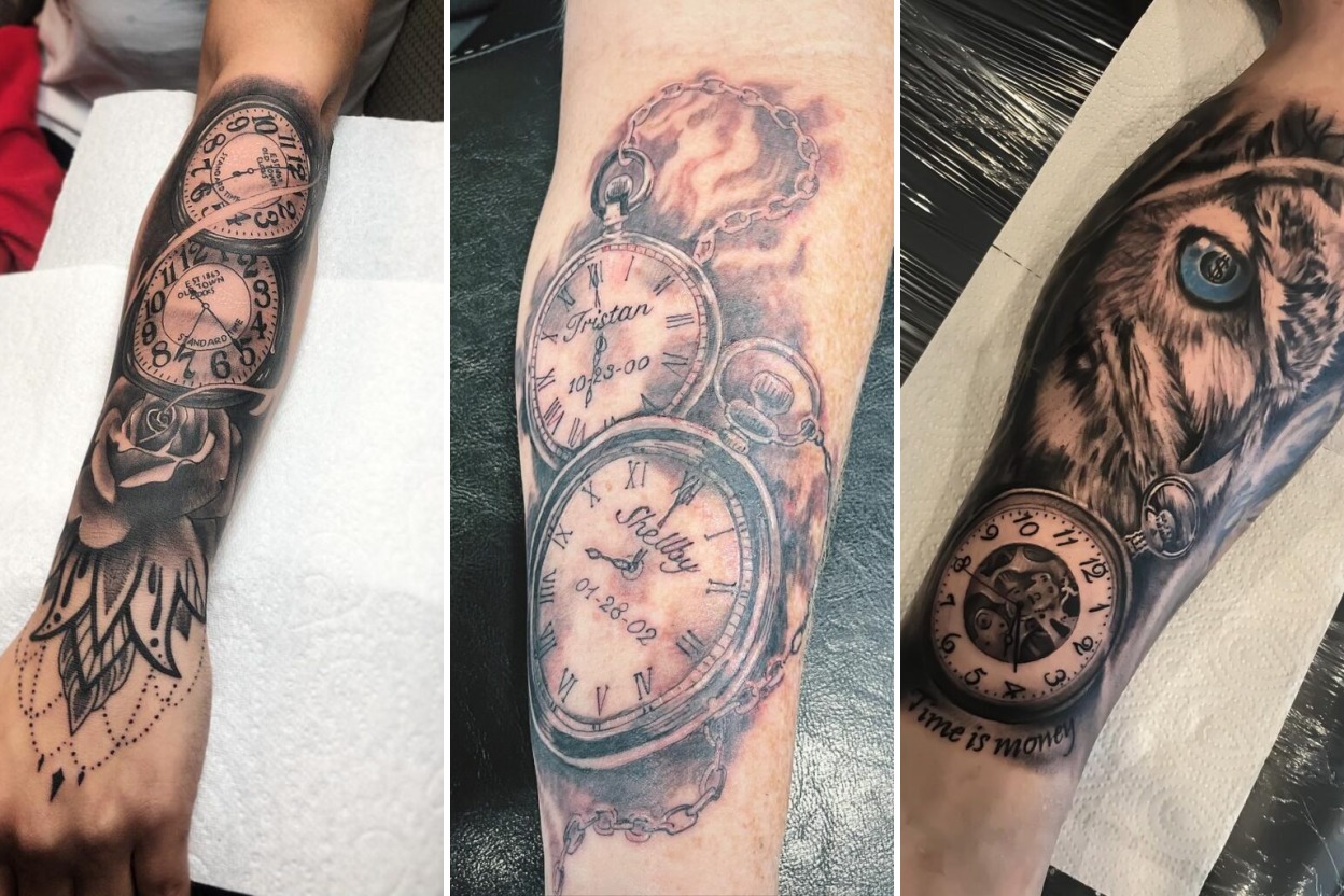 Aesthetic pocket watch tattoos and delicate ink ideas collage