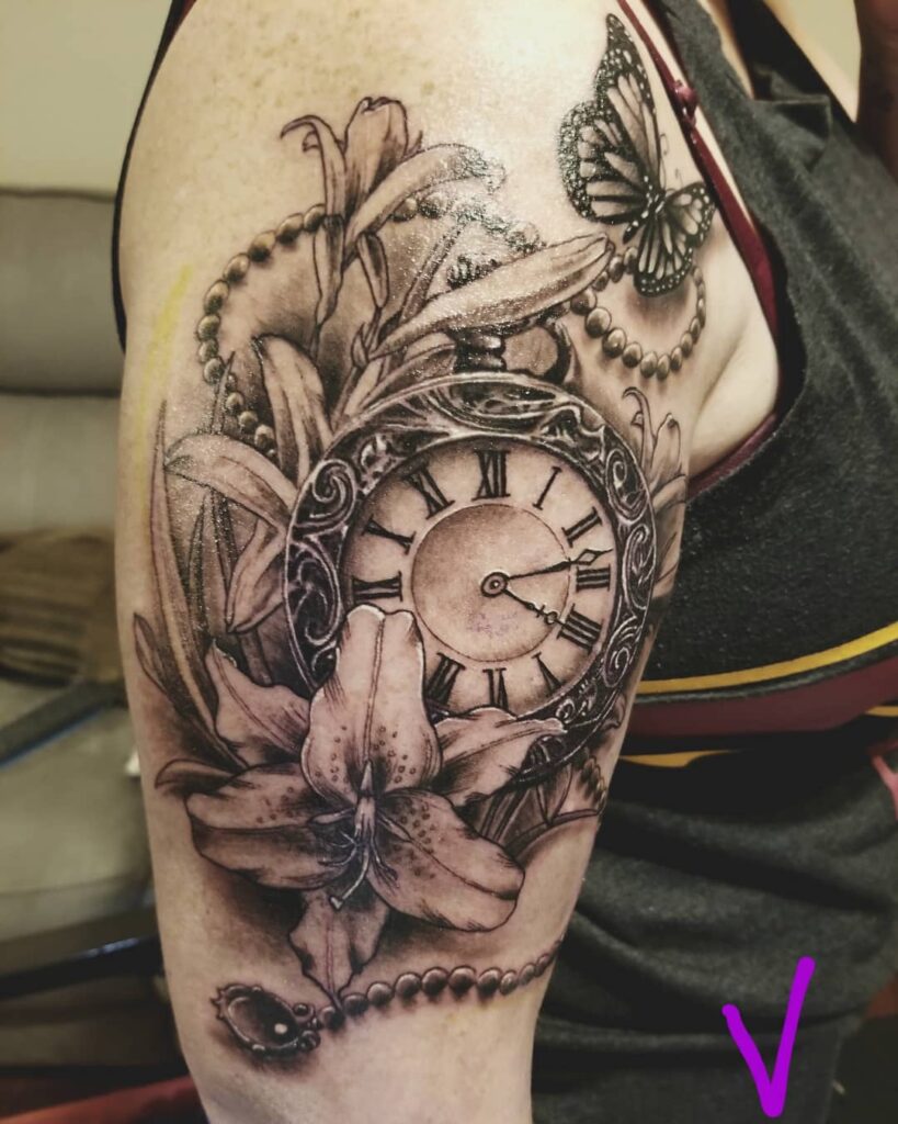 Neo-Traditional Pocket Watch and Rose Forearm Tattoo pocket watch tattoos tattoo