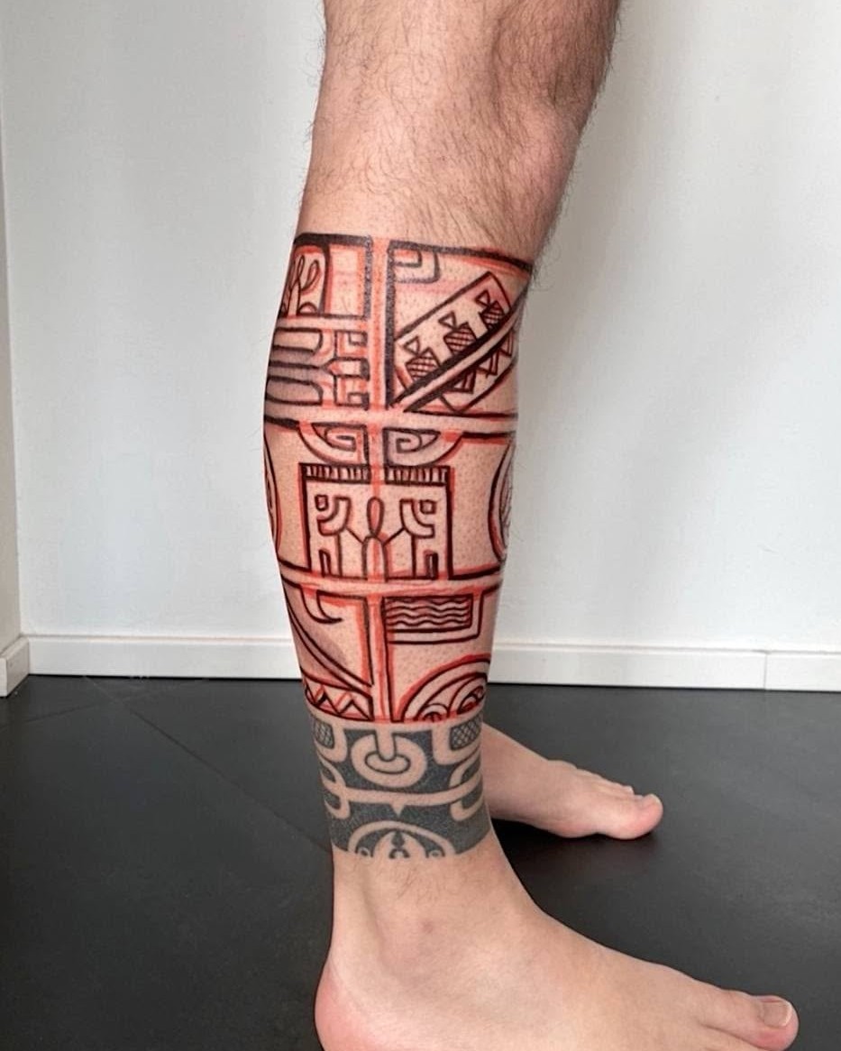 Geometric Polynesian Calf Tattoo