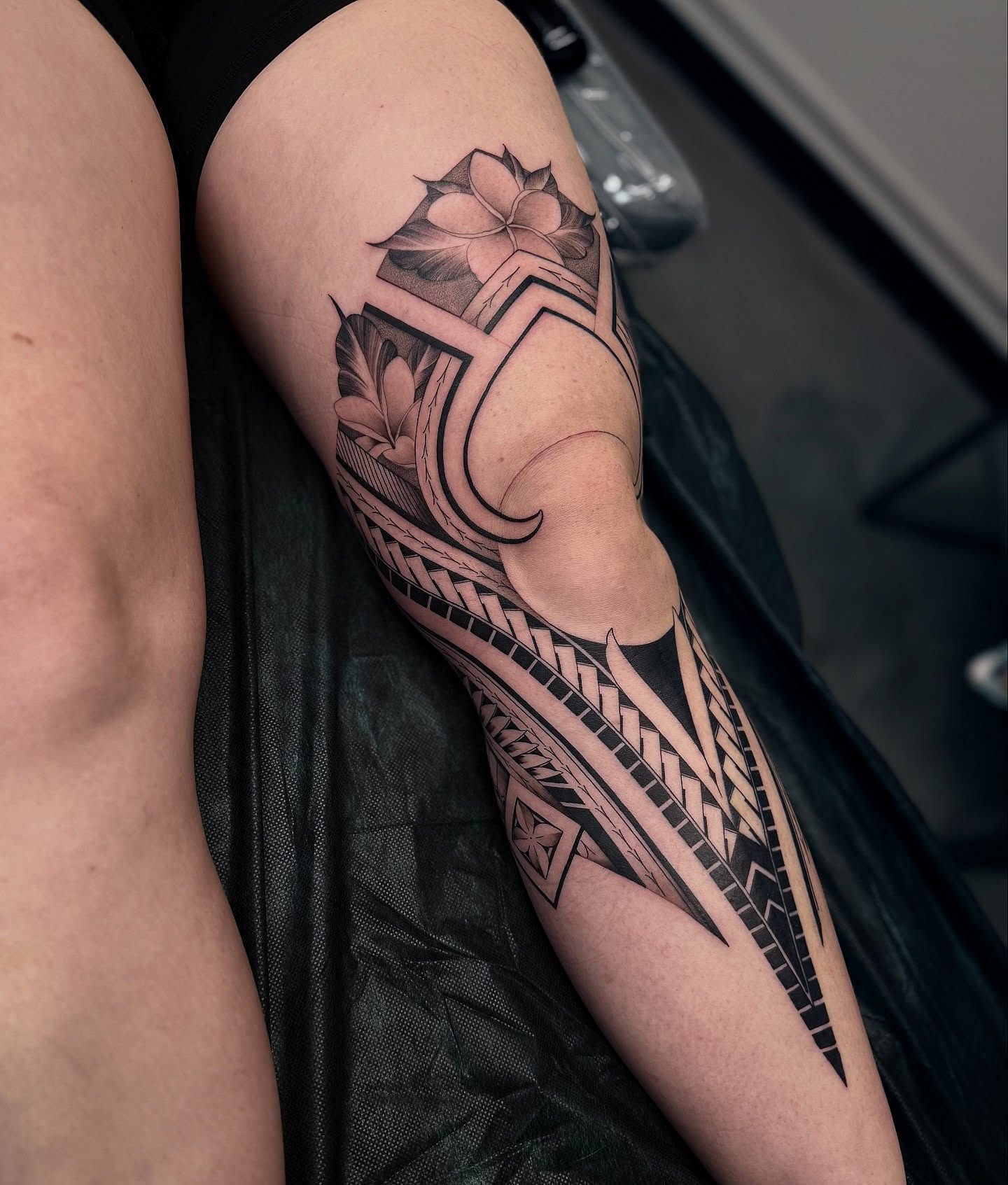 Plumeria Polynesian Leg Tattoo