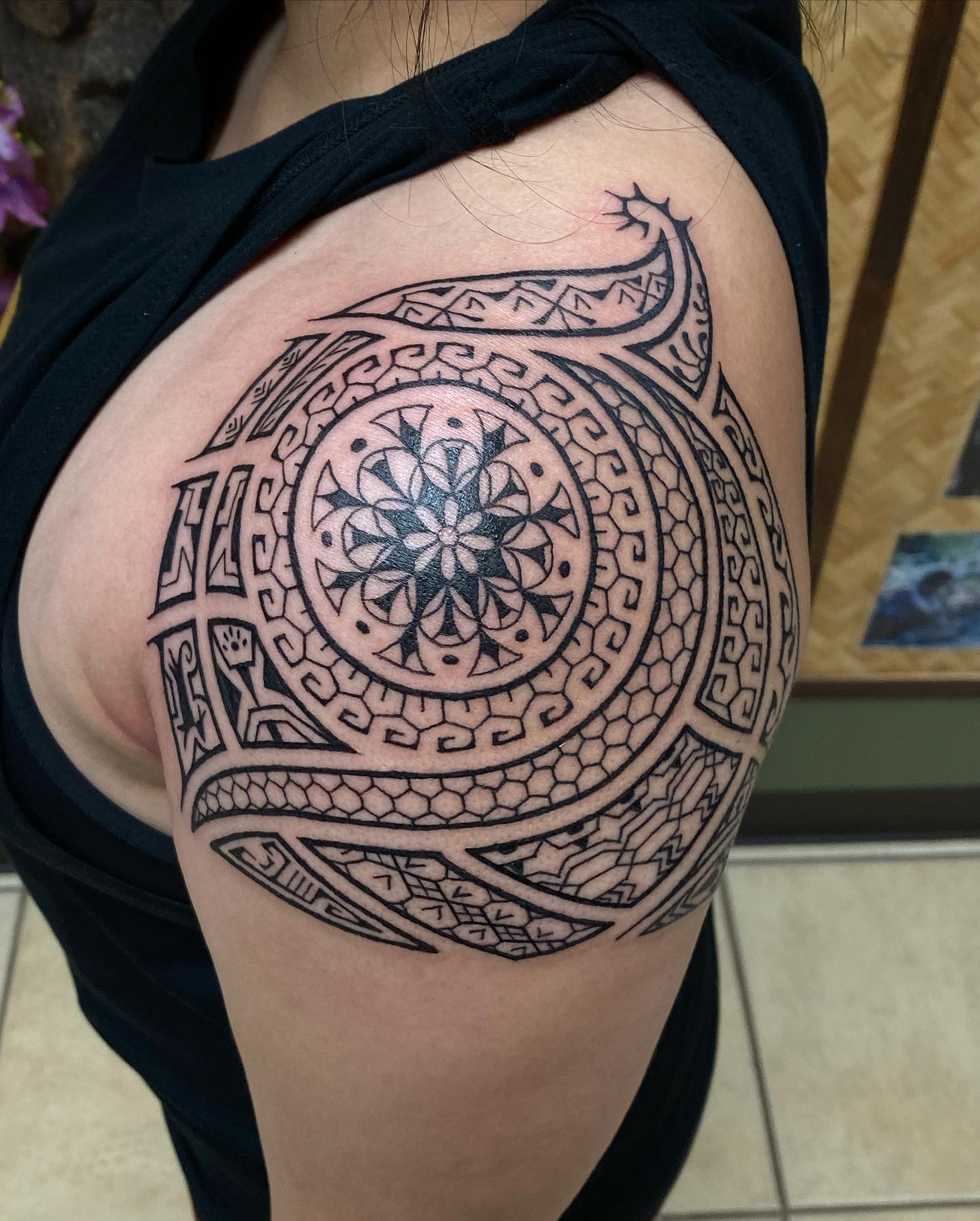 Peony And Blackberry Shoulder Cap Tattoo