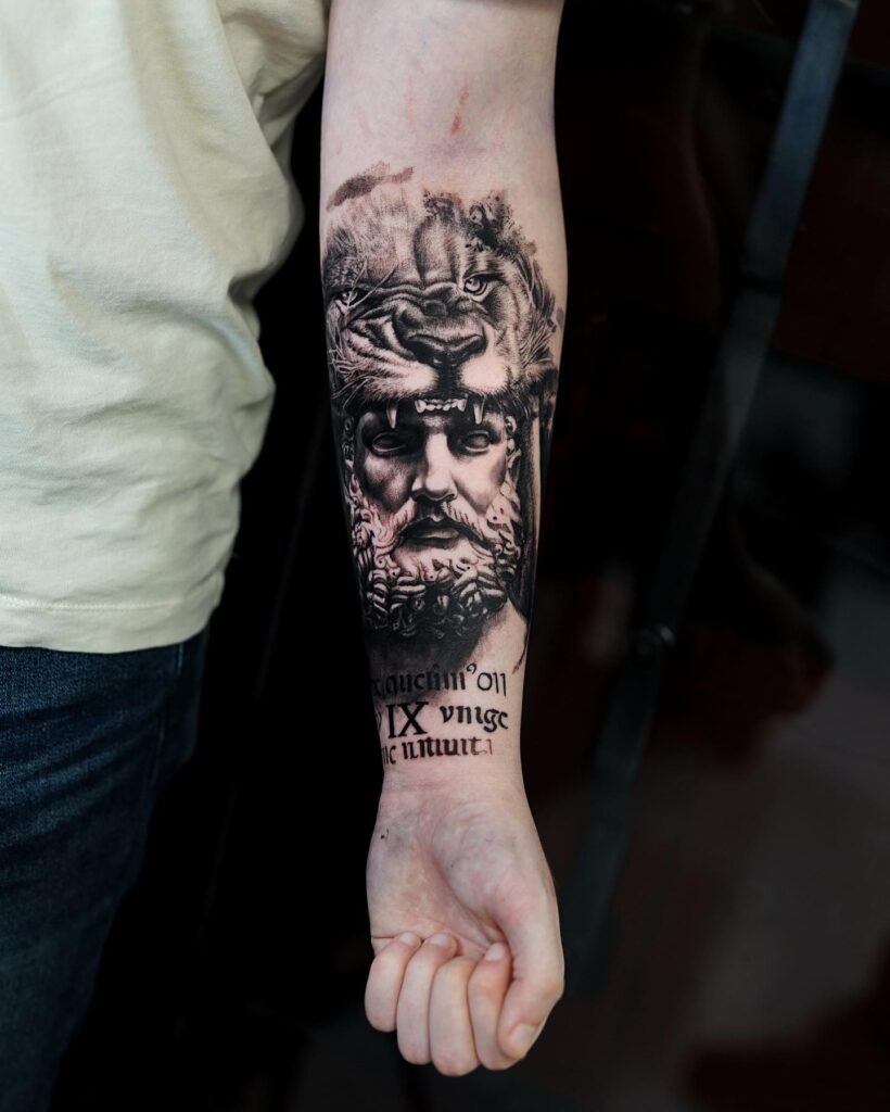 Zeus With Thunderous Beard And Intense Gaze Tattoo