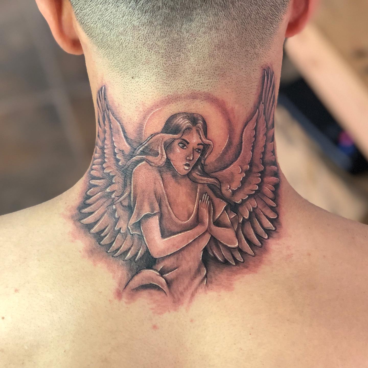 Praying Angel Neck Tattoo