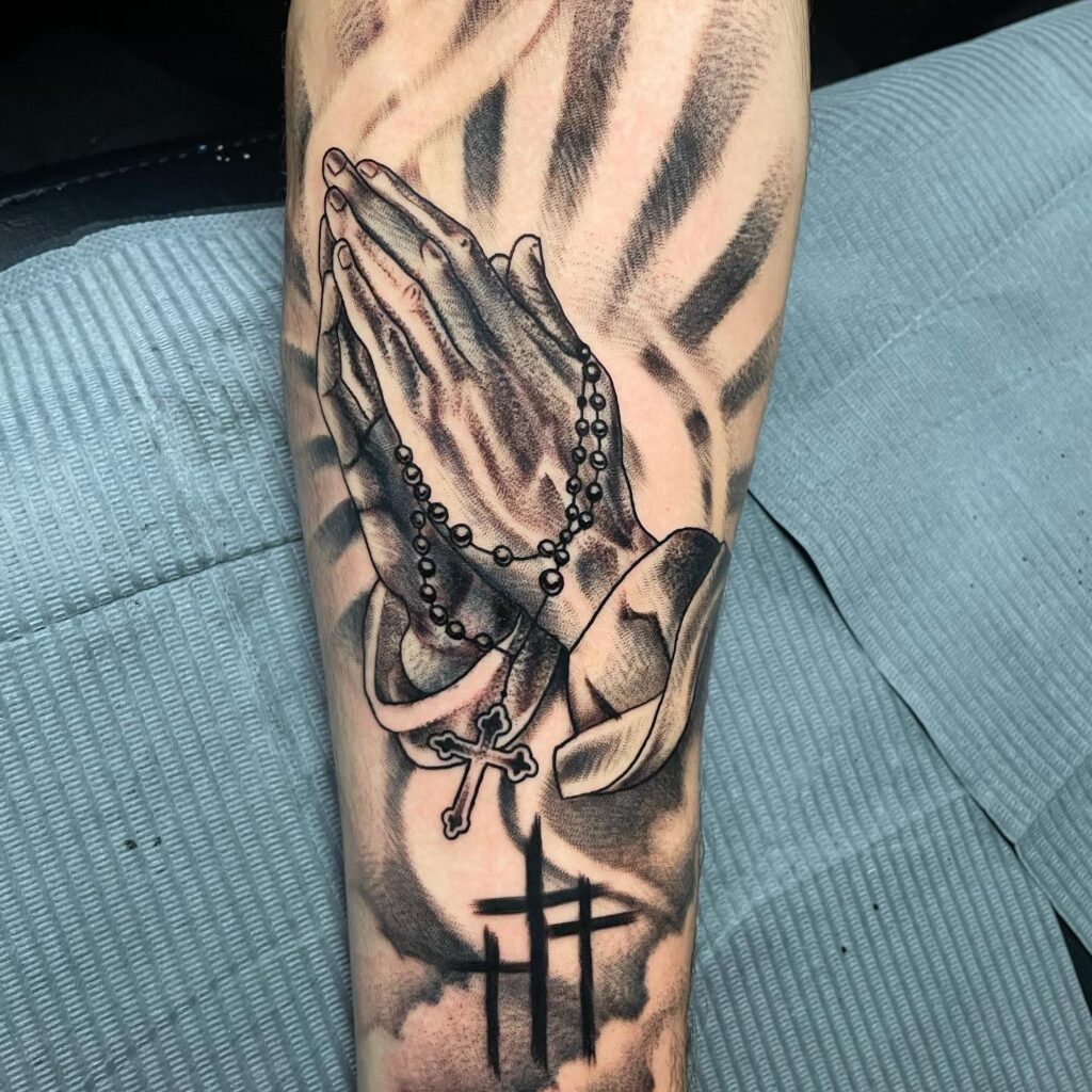 Praying Hands and Three Crosses Tattoo praying hands tattoos tattoo