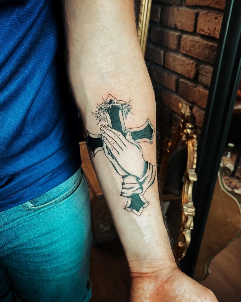Praying Hands with Cross and Crown of Thorns Tattoo praying hands tattoos tattoo