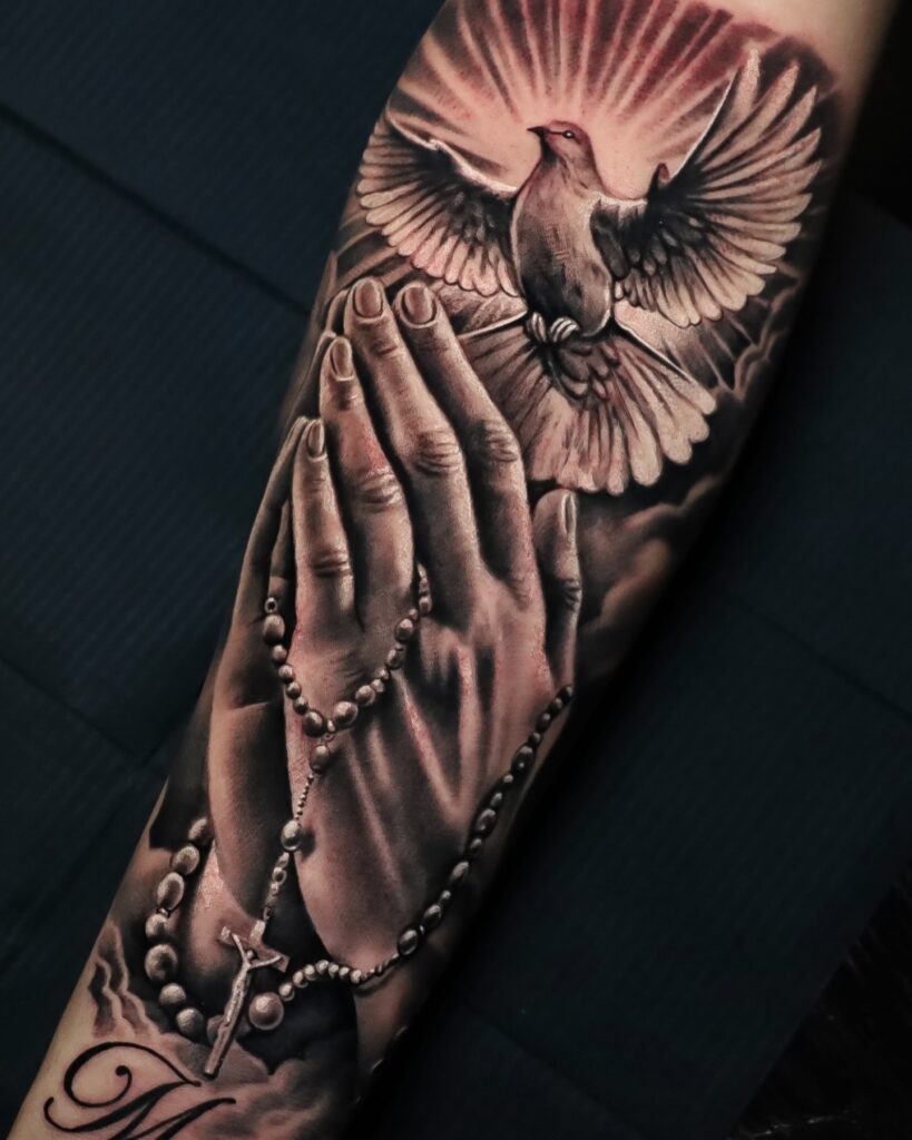 Praying Hands with Rosary and Dove Tattoo praying hands tattoos tattoo