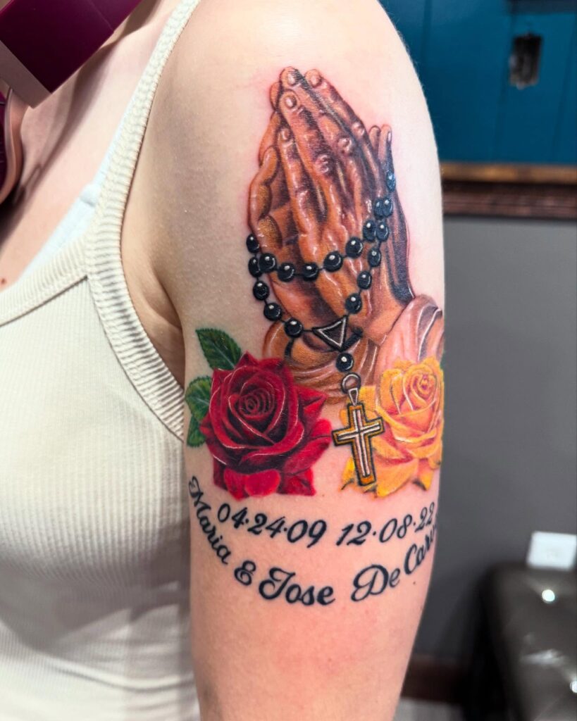 Praying Hands with Rosary and Roses Tattoo praying hands tattoos tattoo