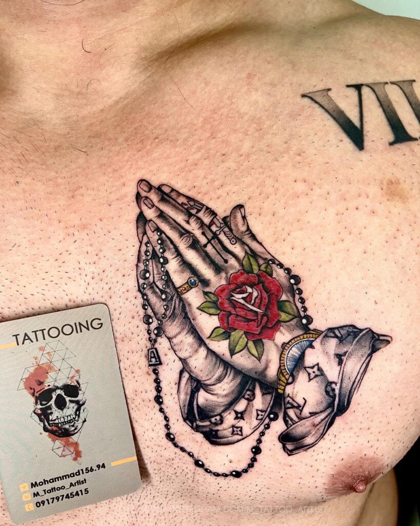 Praying Hands with Rose and Designer Details Tattoo praying hands tattoos tattoo