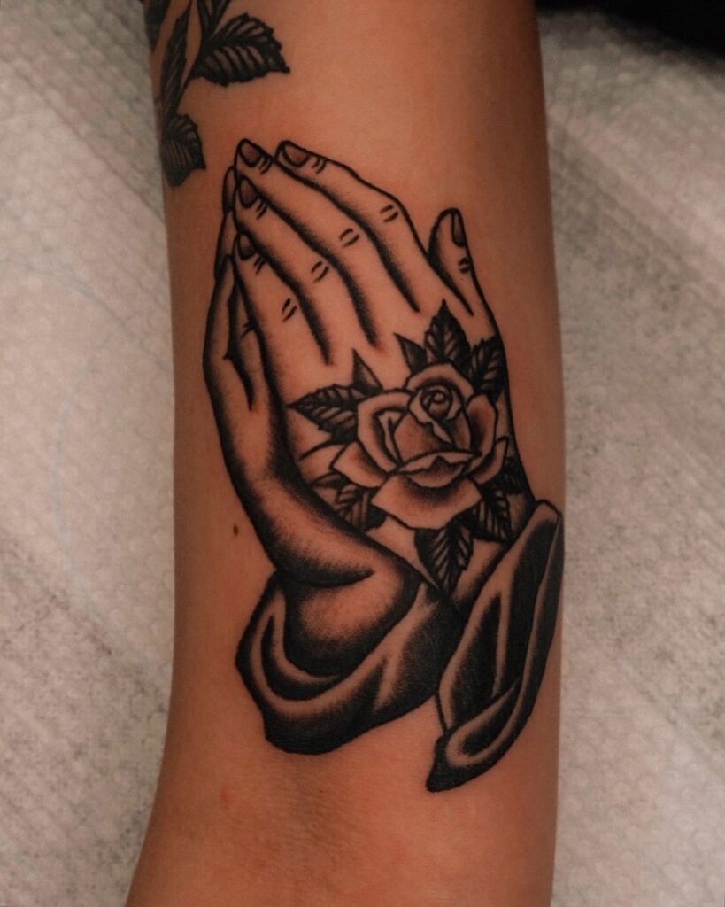 Praying Hands with Traditional Rose Tattoo praying hands tattoos tattoo