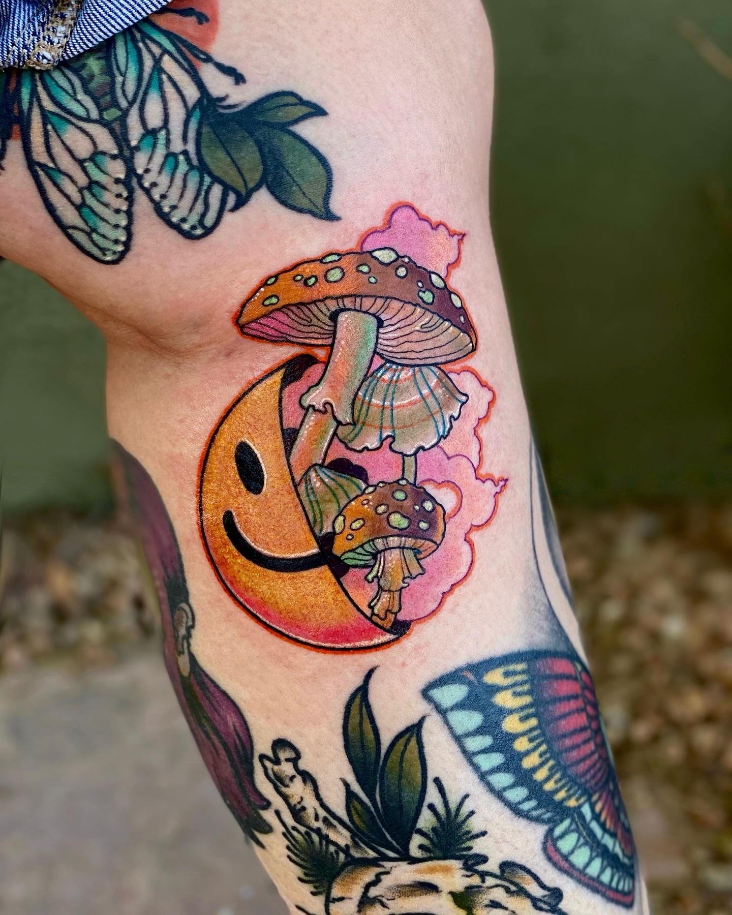 Colorful Forest Mushroom Tattoo with Nature Elements mushroom tattoo ideas tattoo