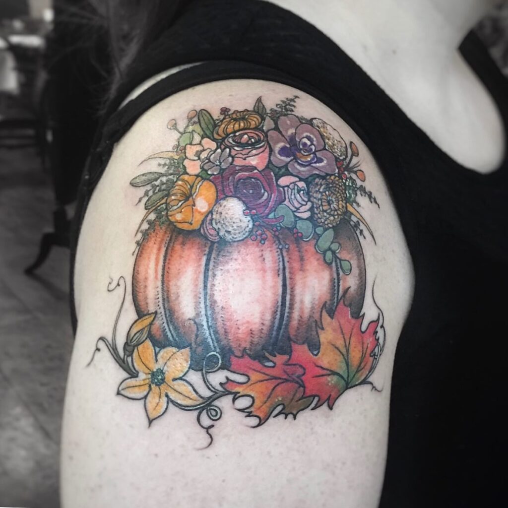 Haunted House And Pumpkin Tattoo