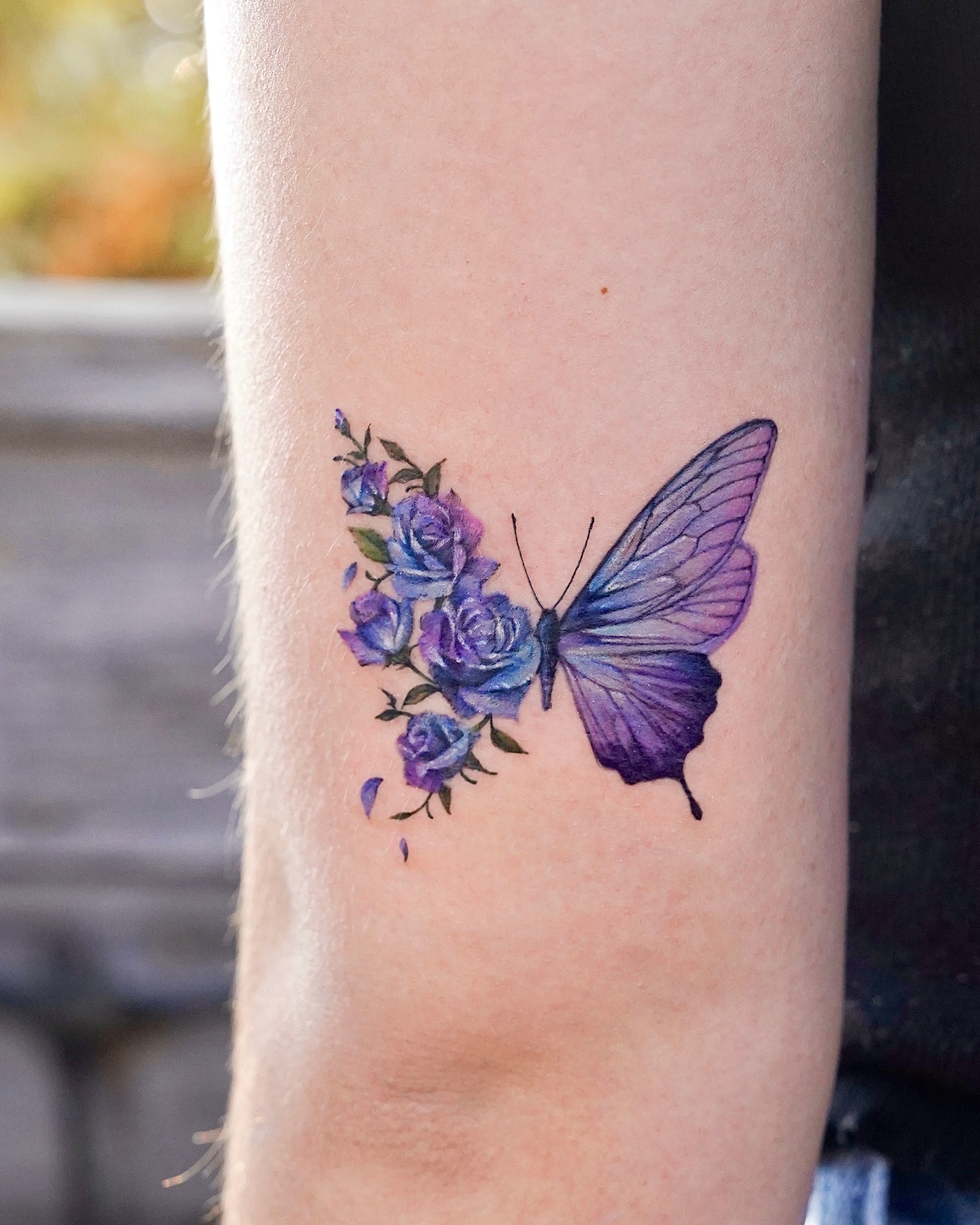 Blue Butterfly and Pink Blossom Half Flower Tattoo half butterfly half flower tattoos tattoo