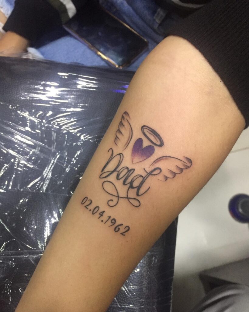 Purple Heart Dad Memorial Tattoo with Wings and Halo dad memorial tattoos tattoo