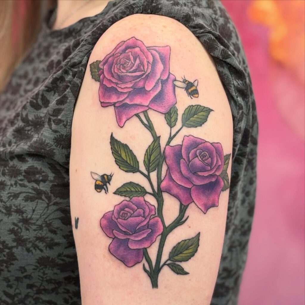 Purple Rose and Bees Tattoo on Upper Arm rose tattoos for women tattoo