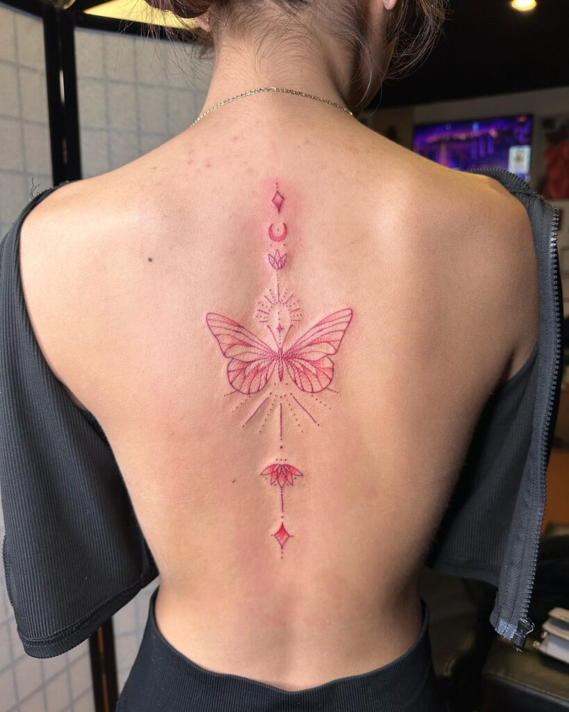 Graceful Tiger And Floral Spine Tattoo