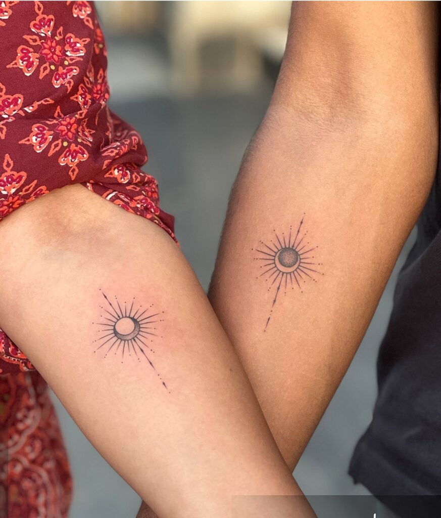 Radiant crescent matching sun and moon tattoos