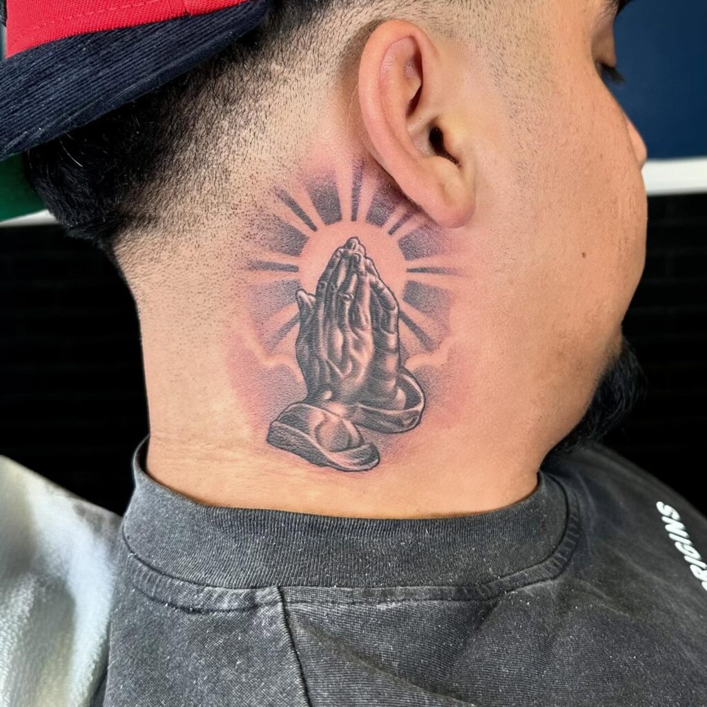 Radiant Praying Hands Neck Tattoo praying hands tattoos tattoo