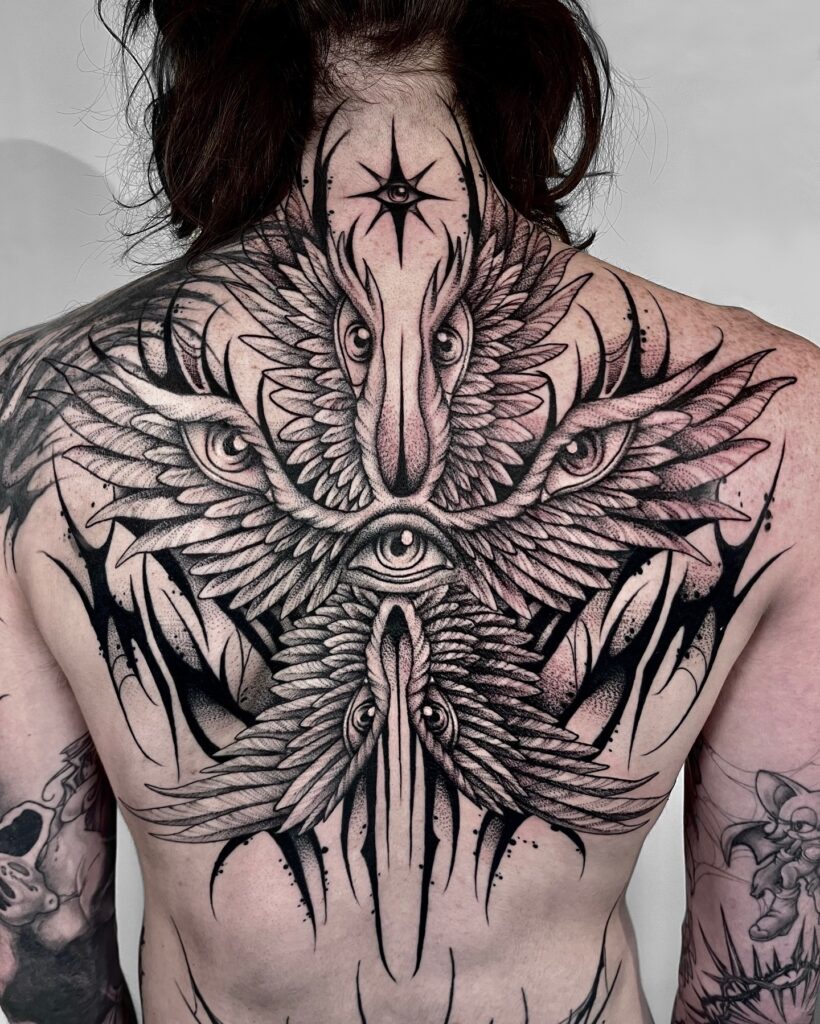Radiant Seraphim Back Tattoo with Celestial Eye seraphim angel tattoo ideas tattoo