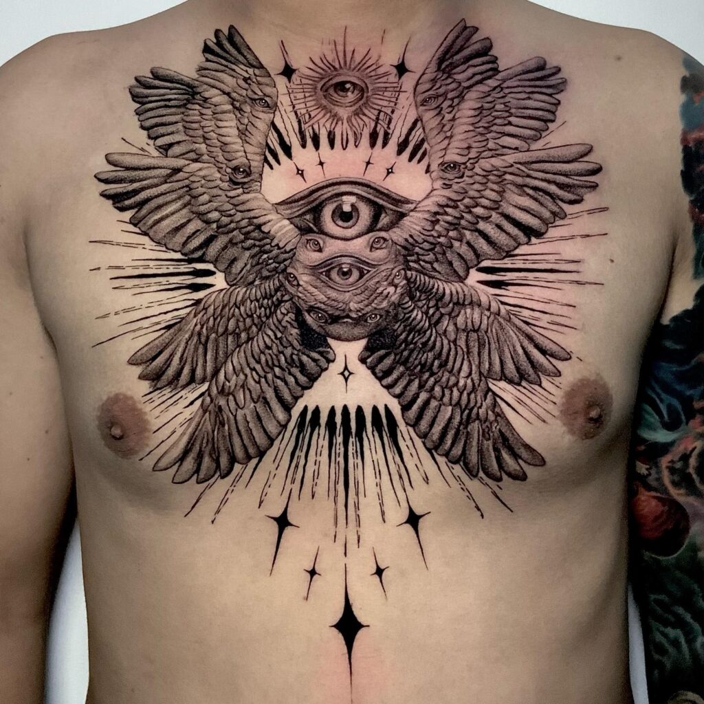 Radiant Seraphim Chest Tattoo with Cosmic Eyes seraphim angel tattoo ideas tattoo