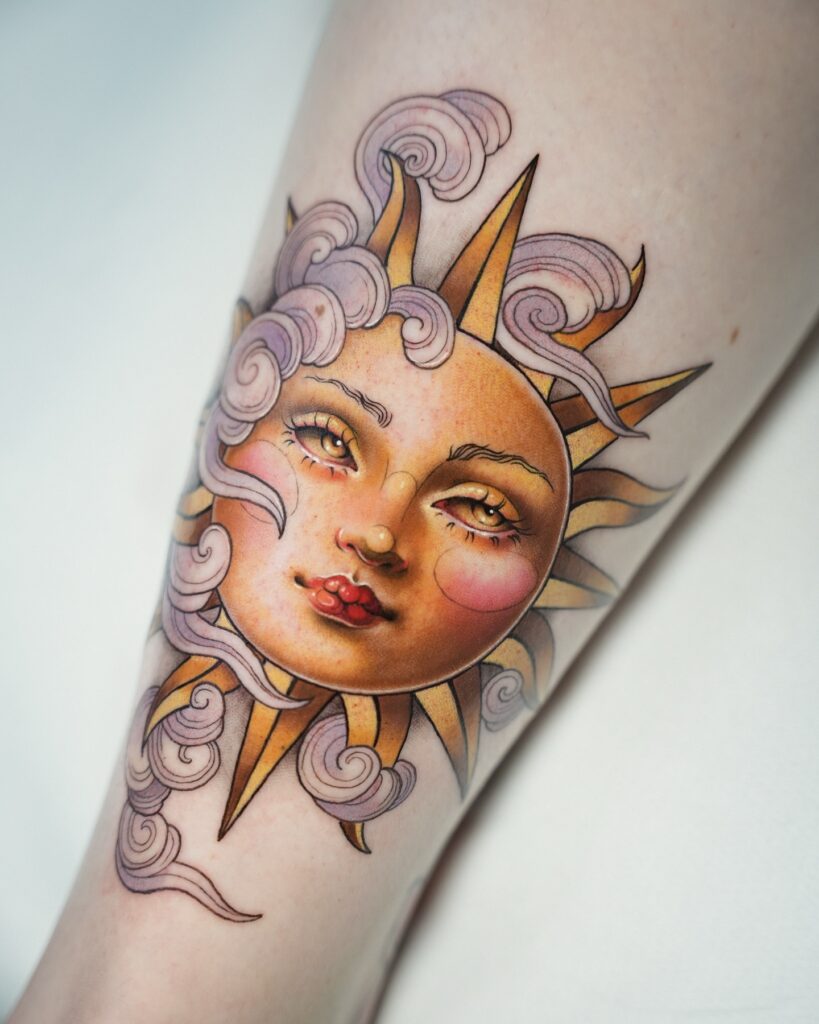 Radiant Sun Goddess Tattoo with Flowing Clouds sun tattoos tattoo
