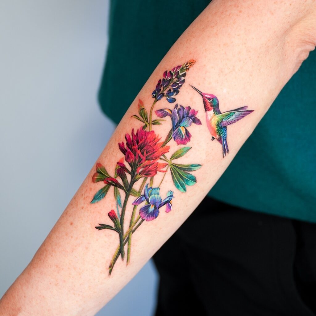 Rainbow Hummingbird with Wildflowers Tattoo hummingbird tattoos tattoo