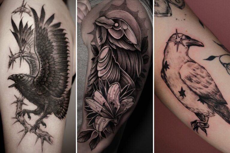 Aesthetic raven tattoos and delicate ink ideas collage
