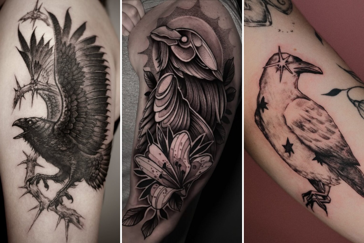 Aesthetic raven tattoos and delicate ink ideas collage