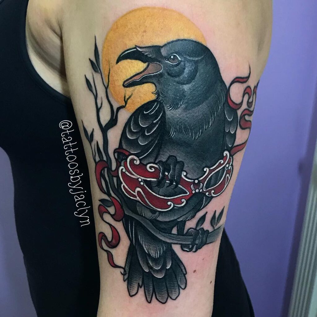 Botanical Raven Skull Tattoo