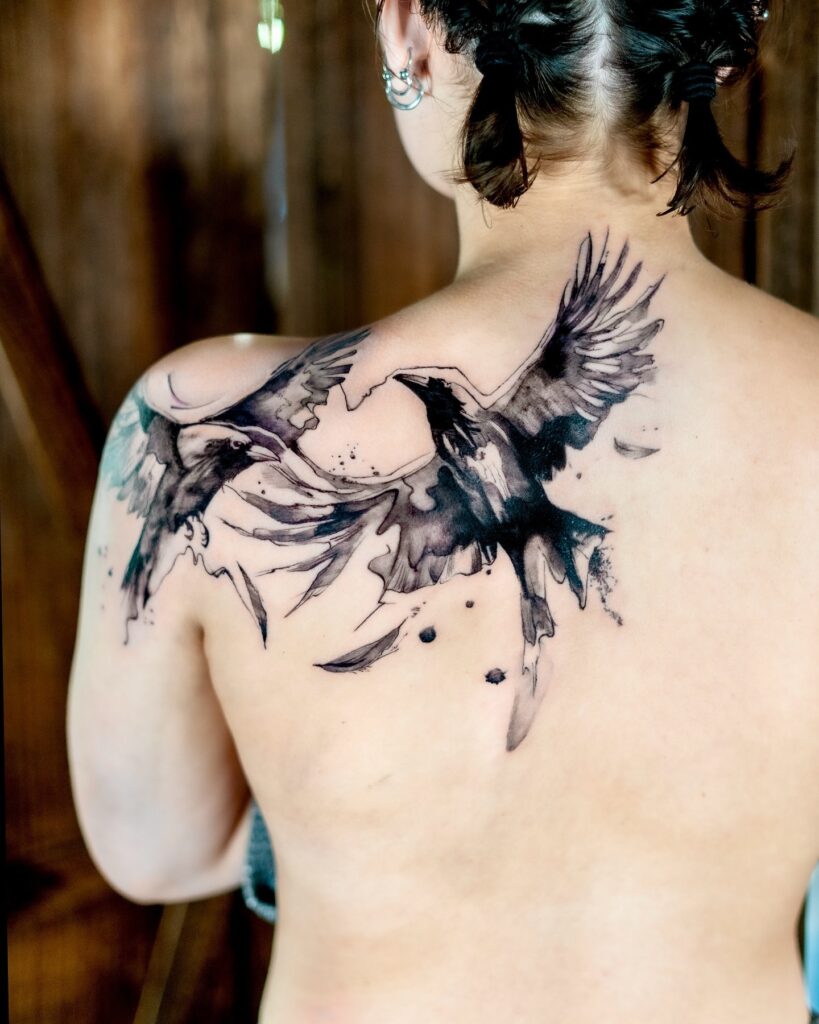 Raven With Scroll And Clock Tattoo