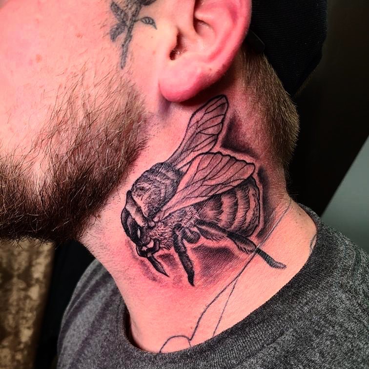 Realistic Bee Neck Tattoo