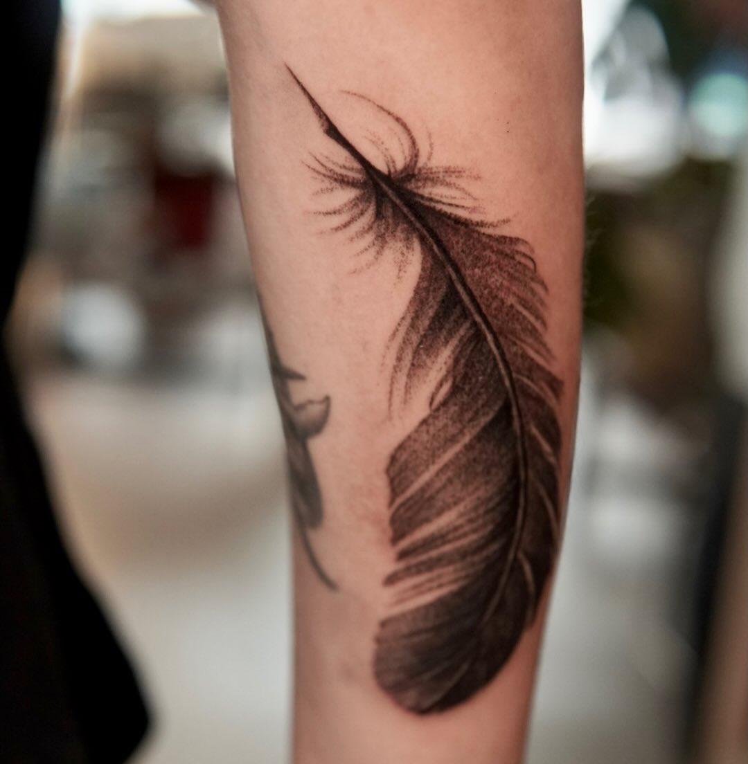 Watercolor Feather And Compass Tattoo