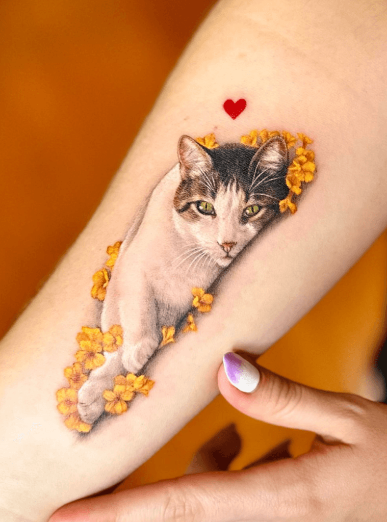 Realistic Cat with Flowers