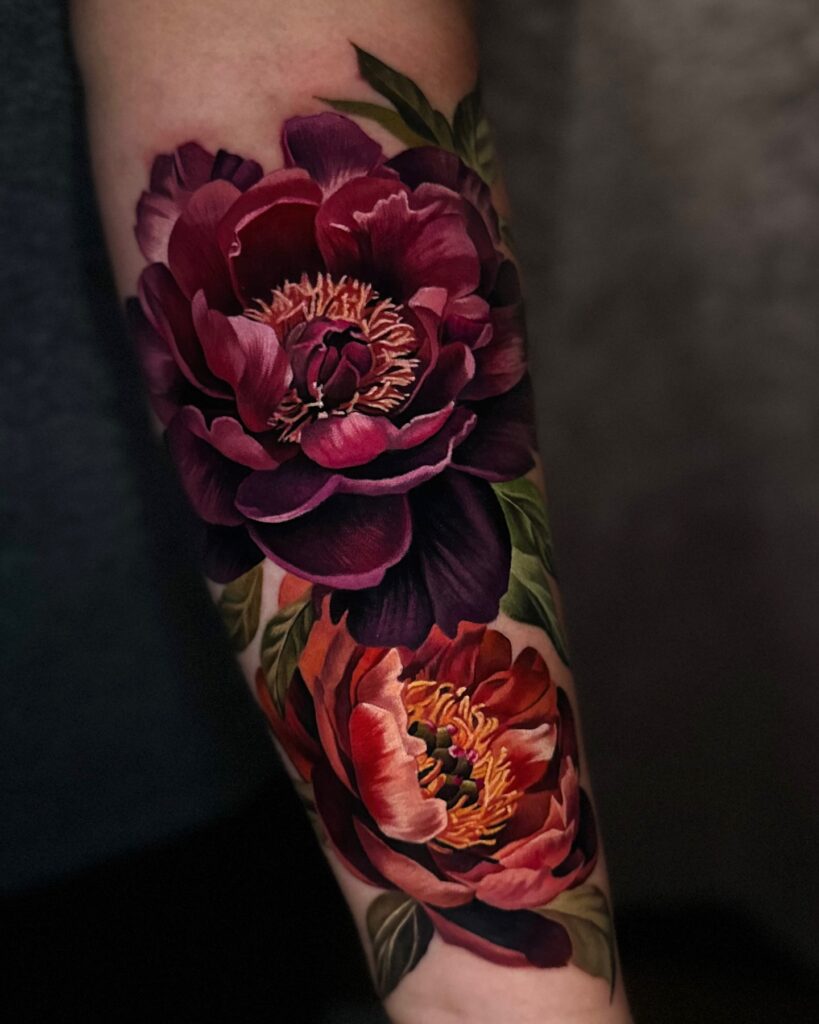 Realistic Dark Red and Orange Peony Tattoo peony flower tattoo ideas tattoo