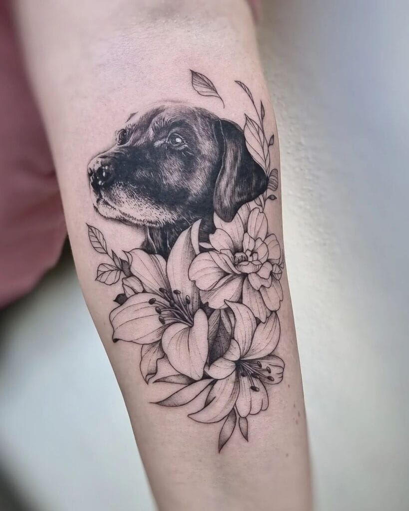 Realistic Dog Portrait Surrounded by Flowers pet memorial tattoos tattoo