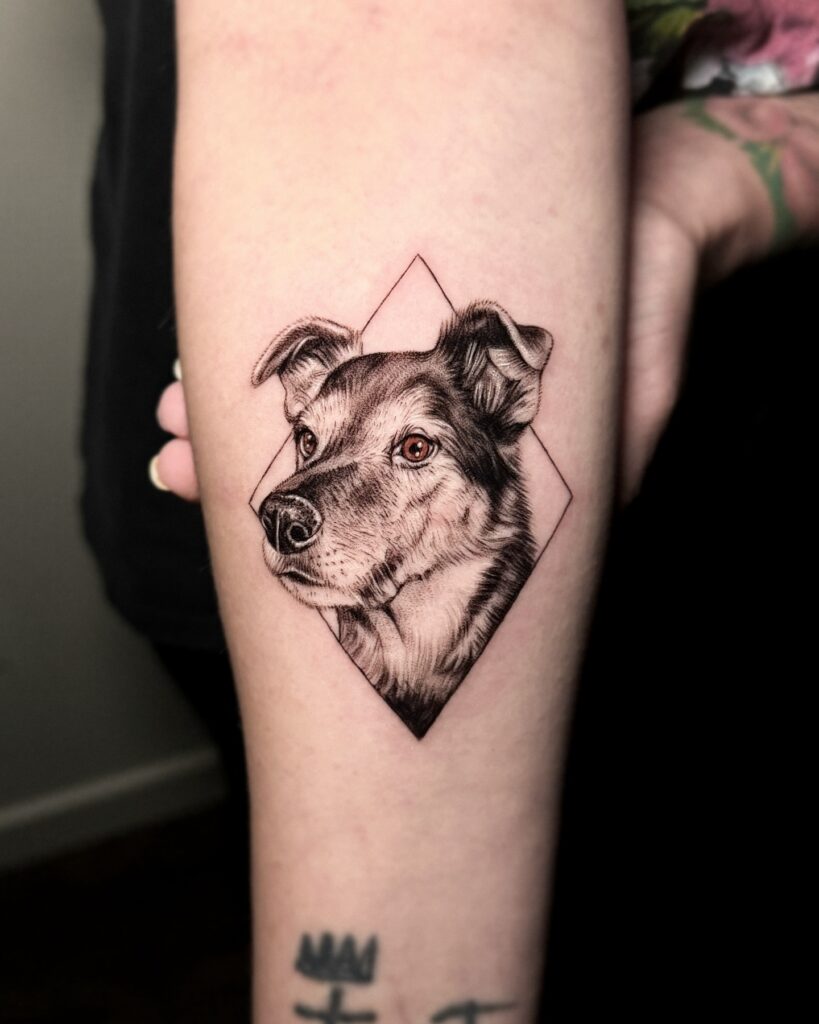 Realistic Dog Portrait with Geometric Frame Tattoo dog memorial tattoos tattoo